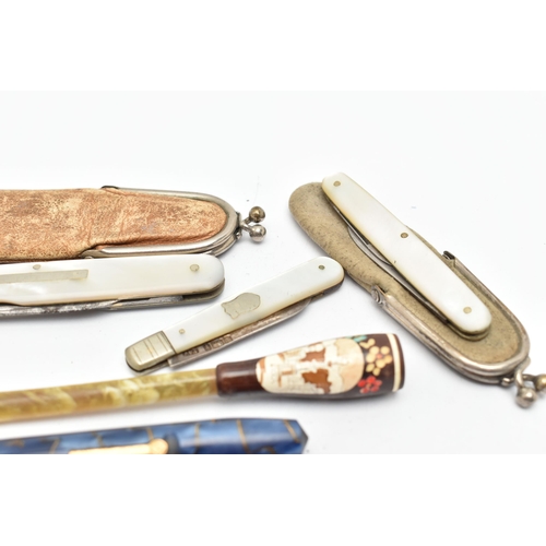 91 - THREE FRUIT KNIVES A CHEROOT AND TWO PENS, to include a small silver blade fruit knife hallmarked Sh... 