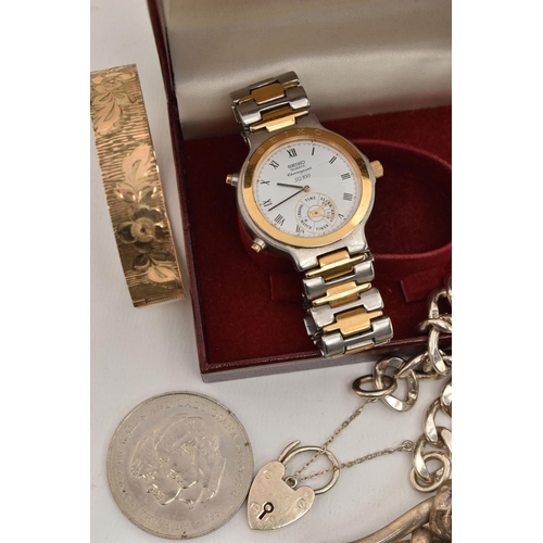 126 - A SELECTION OF SILVER, WHITE METAL, WATCHES, COSTUME AND COMMEMORATIVE COINS, to include a hinged ba... 