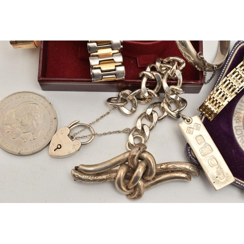 126 - A SELECTION OF SILVER, WHITE METAL, WATCHES, COSTUME AND COMMEMORATIVE COINS, to include a hinged ba... 