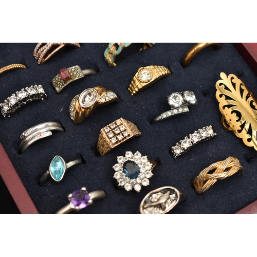 128 - A MULTI STORAGE WOODEN JEWELLERY BOX WITH COSTUME JEWELLERY, to include a variety of rings, cufflink... 