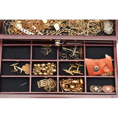 128 - A MULTI STORAGE WOODEN JEWELLERY BOX WITH COSTUME JEWELLERY, to include a variety of rings, cufflink... 