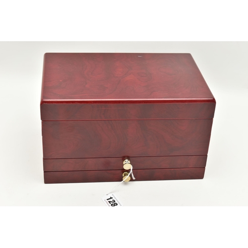 128 - A MULTI STORAGE WOODEN JEWELLERY BOX WITH COSTUME JEWELLERY, to include a variety of rings, cufflink... 