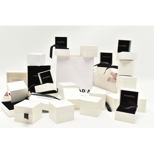 129 - A PLASTIC BOX OF EMPTY JEWELLERY BOXES, white 'Pandora' signed boxes for rings, earrings, bracelets ... 