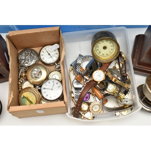 131 - A BOX OF ASSORTED CLOCK AND WATCH PARTS, to include a selection of wristwatches and pocket watches, ... 