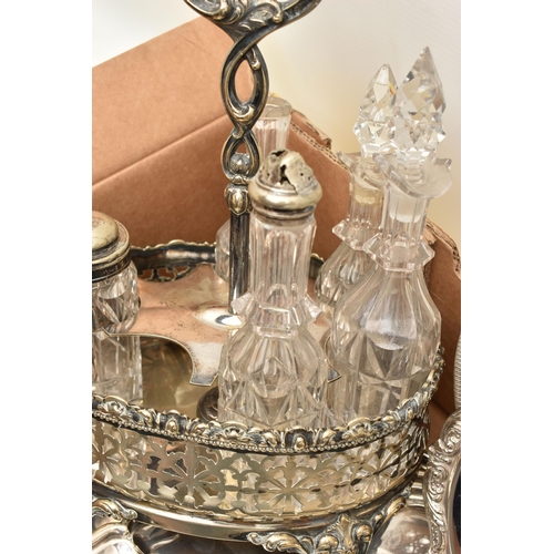 132 - A BOX OF ASSORTED WHITE METAL, to include three white metal trays, a condiment stand with five glass... 