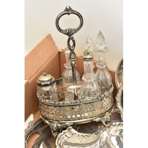 132 - A BOX OF ASSORTED WHITE METAL, to include three white metal trays, a condiment stand with five glass... 