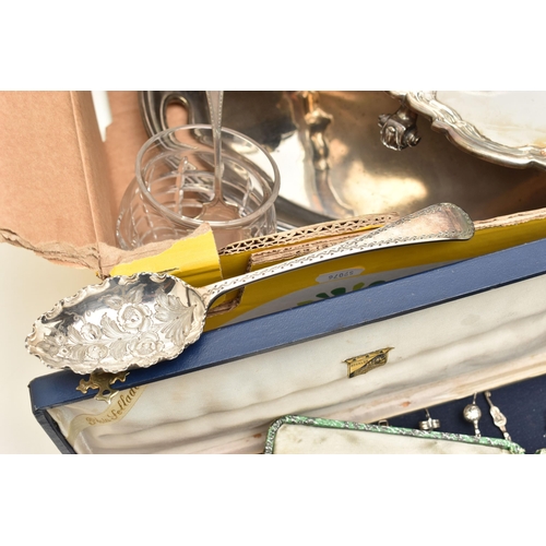 132 - A BOX OF ASSORTED WHITE METAL, to include three white metal trays, a condiment stand with five glass... 