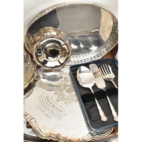 132 - A BOX OF ASSORTED WHITE METAL, to include three white metal trays, a condiment stand with five glass... 