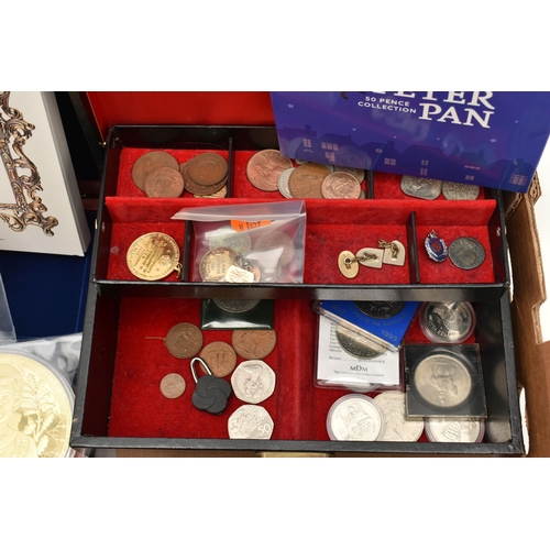 133 - A LARGE CARDBOARD BOX CONTAINING COINS AND COMMEMORATIVES, to include two x 1/200 oz 24ct Gold Proof... 