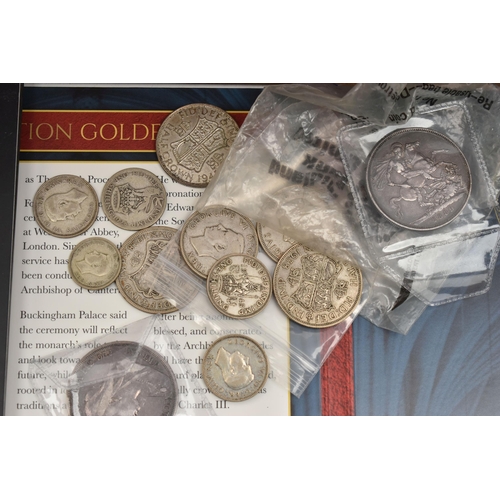 133 - A LARGE CARDBOARD BOX CONTAINING COINS AND COMMEMORATIVES, to include two x 1/200 oz 24ct Gold Proof... 