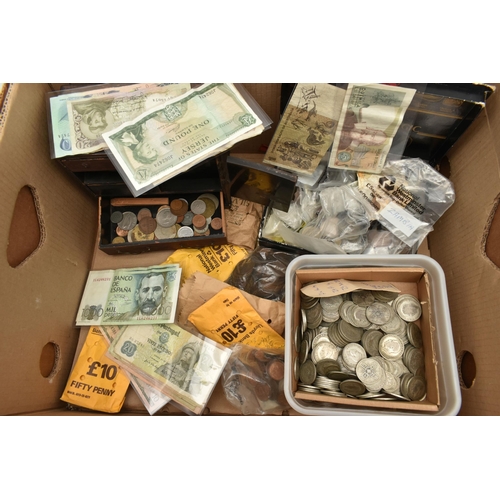 134 - A LARGE CARDBOARD BOX CONTAINING MIXED COINS ETC, to include over 3 Kilo of Pre 1947 coins Half-crow... 