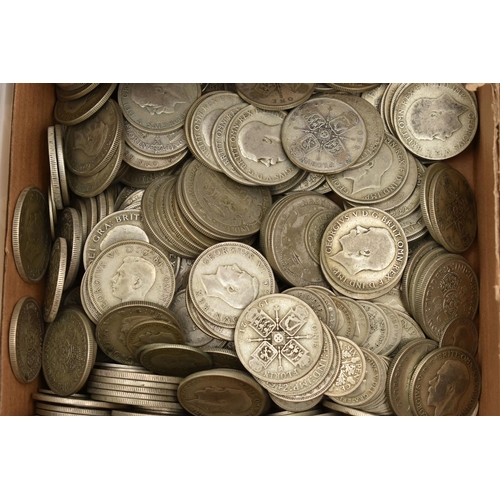 134 - A LARGE CARDBOARD BOX CONTAINING MIXED COINS ETC, to include over 3 Kilo of Pre 1947 coins Half-crow... 