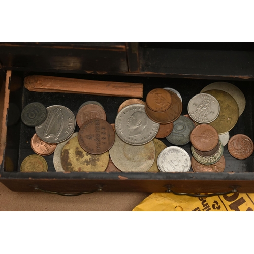 134 - A LARGE CARDBOARD BOX CONTAINING MIXED COINS ETC, to include over 3 Kilo of Pre 1947 coins Half-crow... 