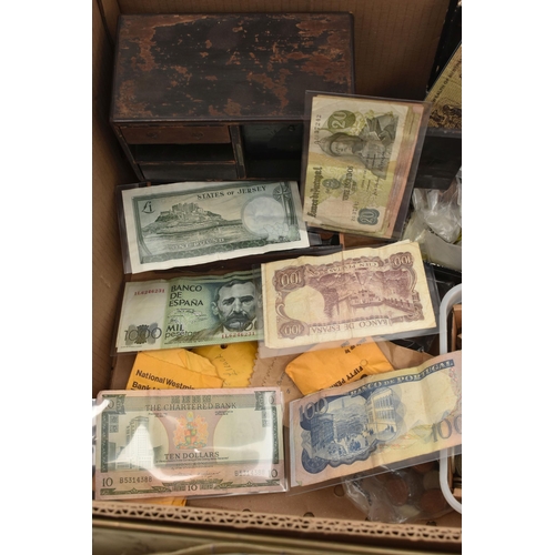 134 - A LARGE CARDBOARD BOX CONTAINING MIXED COINS ETC, to include over 3 Kilo of Pre 1947 coins Half-crow... 