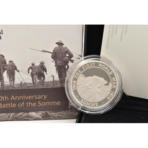 136 - A BOXED ROYAL MINT 'THE 100TH ANNIVERSARY OF THE BATTLE OF THE SOMME' 2016 UNITED KINGDOM £5 SILVER ... 