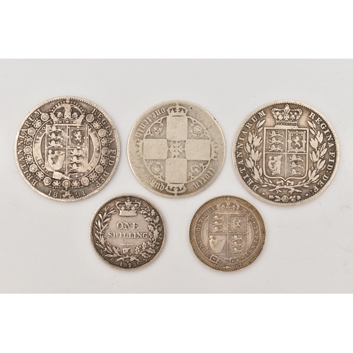 138 - FIVE SILVER VICTORIAN COINS, to include an 1878 one shilling and a one tenth florin, diameters 24mm ... 