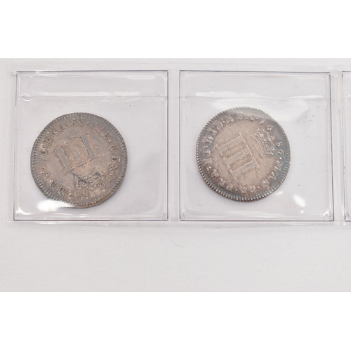 144 - A PARCEL OF JAMES II 3d COINS, to include 1685 F, 1686 F/VF (lustre) 1687 (damage) G/F, 1688 F, (4)