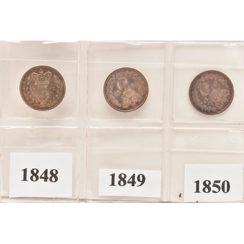 146 - A GROUP OF THREE PENCE 3d COINS VICTORIA 1838 (full ear) through to 1851, all Fourteen coins in VF o... 