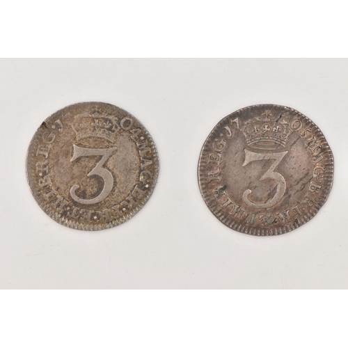 153 - A PAIR OF QUEEN ANNE THREE PENCE 3d COINS, to include 1704 F/VF (damage 8 o'clock rev) 1705 F (2)