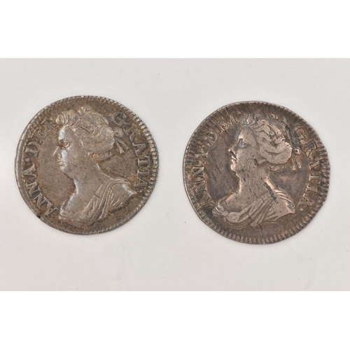 153 - A PAIR OF QUEEN ANNE THREE PENCE 3d COINS, to include 1704 F/VF (damage 8 o'clock rev) 1705 F (2)