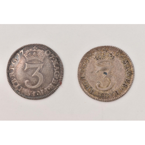 154 - A PAIR OF QUEEN ANNE THREE PENCE 3d COINS, to include 1706 (incomplete 6) F, 1707 EF,  (2)