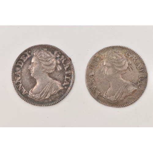 154 - A PAIR OF QUEEN ANNE THREE PENCE 3d COINS, to include 1706 (incomplete 6) F, 1707 EF,  (2)