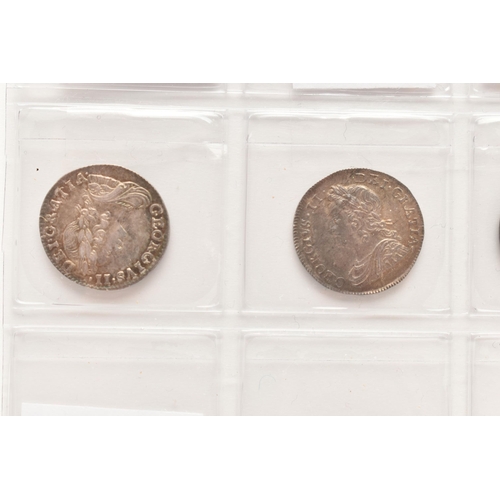 157 - A DATE RUN OF GEORGE II THREE PENCE 3d COINS 1729, 31, 32, 35, 37, 39, 40, 43 (stop overhead) 46 and... 