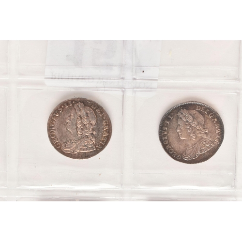 157 - A DATE RUN OF GEORGE II THREE PENCE 3d COINS 1729, 31, 32, 35, 37, 39, 40, 43 (stop overhead) 46 and... 