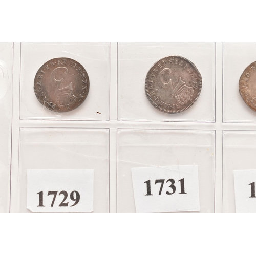 157 - A DATE RUN OF GEORGE II THREE PENCE 3d COINS 1729, 31, 32, 35, 37, 39, 40, 43 (stop overhead) 46 and... 