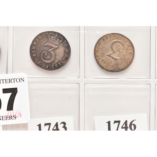 157 - A DATE RUN OF GEORGE II THREE PENCE 3d COINS 1729, 31, 32, 35, 37, 39, 40, 43 (stop overhead) 46 and... 