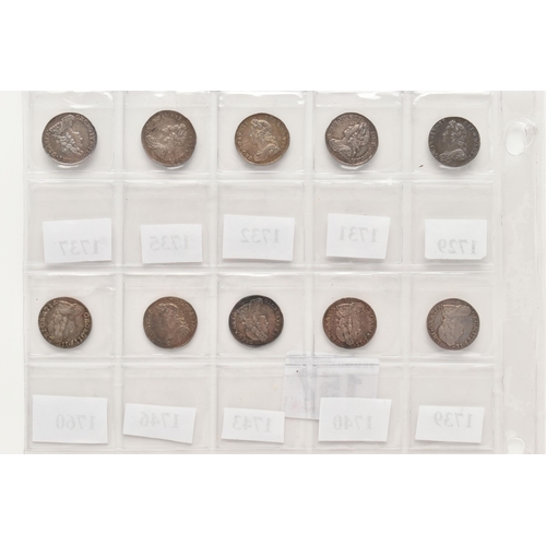 157 - A DATE RUN OF GEORGE II THREE PENCE 3d COINS 1729, 31, 32, 35, 37, 39, 40, 43 (stop overhead) 46 and... 