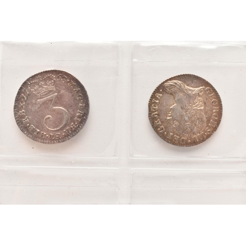 158 - A PAIR OF THREE PENCE 3d COINS GEORGE III 1762, 1763 both VF/EF (2)