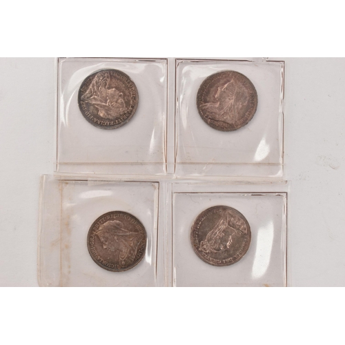 161 - A GROUP OF FOUR VICTORIA THREE PENCE 3d COINS, to include VF and higher grades 1893 JH head, 1893 ol... 