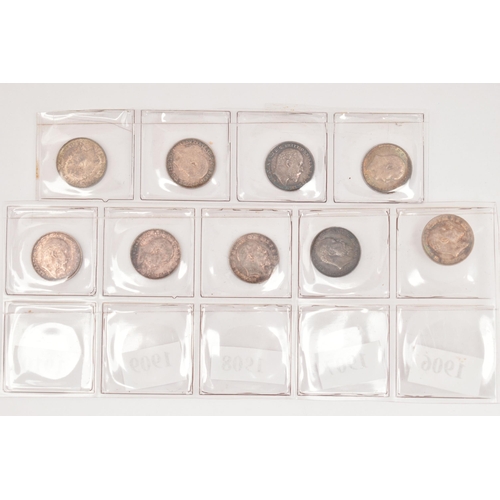 163 - A DATE RUN OF EDWARD VII THREE PENCE 3d COINS 1902-1910 with some high grades  (9)