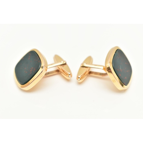 166 - A PAIR OF 9CT GOLD CUFFLINKS, yellow gold cufflinks set with bloodstone, toggle fittings, hallmarked... 