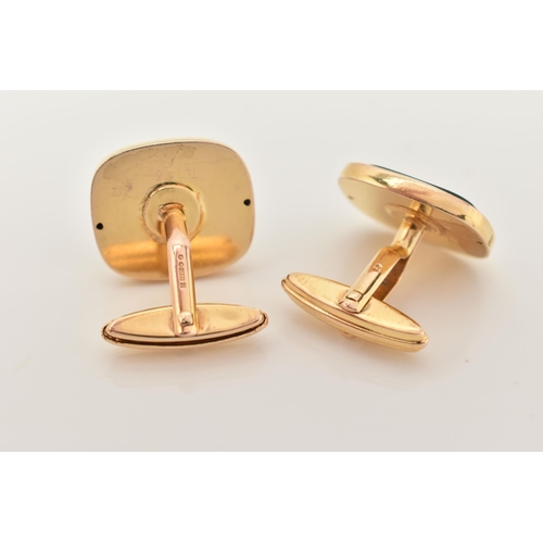 166 - A PAIR OF 9CT GOLD CUFFLINKS, yellow gold cufflinks set with bloodstone, toggle fittings, hallmarked... 