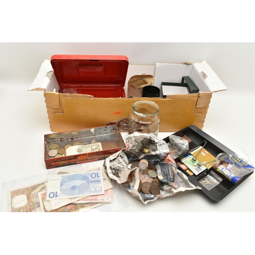 167 - A CARDBOARD BOX OF MIXED COINS AND BANKNOTES, to include Banknotes Spain, Nederland, Portugal, Belgi... 