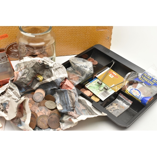 167 - A CARDBOARD BOX OF MIXED COINS AND BANKNOTES, to include Banknotes Spain, Nederland, Portugal, Belgi... 