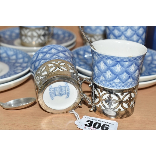 306 - A GROUP OF SIX SILVER MOUNTED SPODE COFFEE CANS AND SAUCERS in Spode's 'Geranium' pattern comprising... 