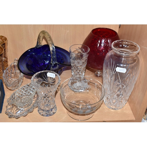 308 - TWO CRYSTAL CUT GLASS OIL AND VINEGAR BURETTES AND MIXED GLASSWARE to include a pair of gilded cryst... 