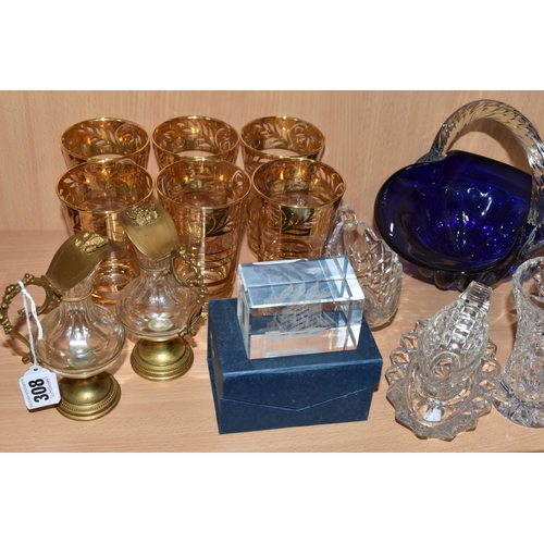 308 - TWO CRYSTAL CUT GLASS OIL AND VINEGAR BURETTES AND MIXED GLASSWARE to include a pair of gilded cryst... 