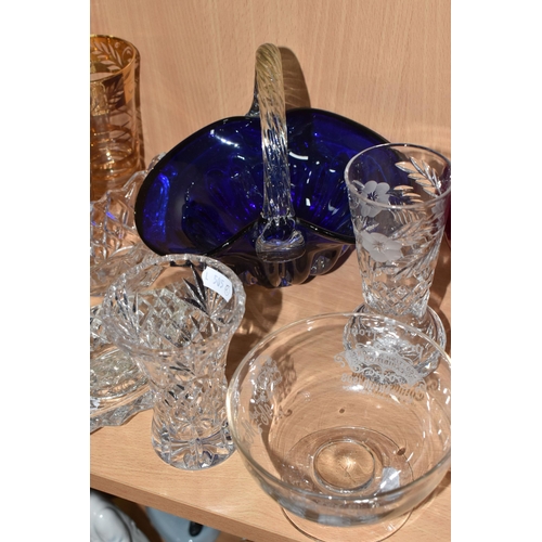 308 - TWO CRYSTAL CUT GLASS OIL AND VINEGAR BURETTES AND MIXED GLASSWARE to include a pair of gilded cryst... 