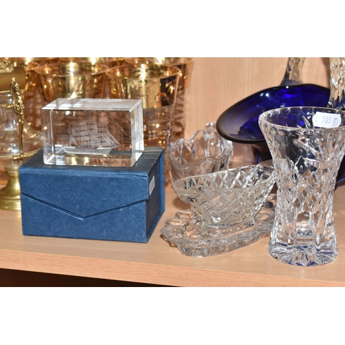 308 - TWO CRYSTAL CUT GLASS OIL AND VINEGAR BURETTES AND MIXED GLASSWARE to include a pair of gilded cryst... 