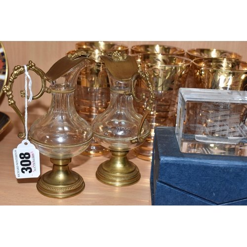 308 - TWO CRYSTAL CUT GLASS OIL AND VINEGAR BURETTES AND MIXED GLASSWARE to include a pair of gilded cryst... 