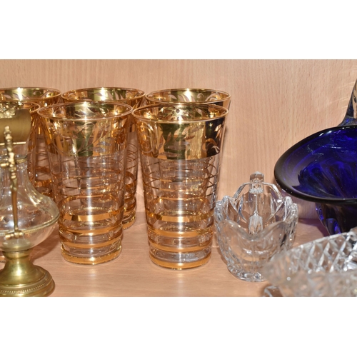 308 - TWO CRYSTAL CUT GLASS OIL AND VINEGAR BURETTES AND MIXED GLASSWARE to include a pair of gilded cryst... 