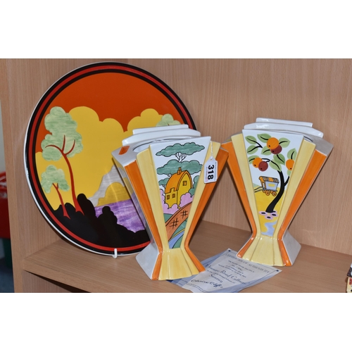 318 - TWO LIMITED EDITION WEDGWOOD BRADFORD EXCHANGE SUNRAY 'CLARICE CLIFF' VASES, comprising  'Orange Roo... 