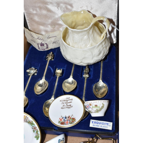 345 - A BOX OF ROYAL COMMEMORATIVE AND MISCELLANEOUS  ITEMS to include a boxed set of six silver plated Si... 