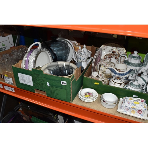 346 - THREE BOXES OF MIXED MISCELLANEOUS GLASSWARE AND CERAMICS to include a quantity of Spode 'Green Cami... 