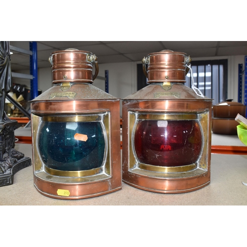 350 - A PAIR OF COPPER DAVEY & CO LTD 'PORT' AND 'STARBOARD' SHIP LANTERNS comprising two lanterns fitted ... 