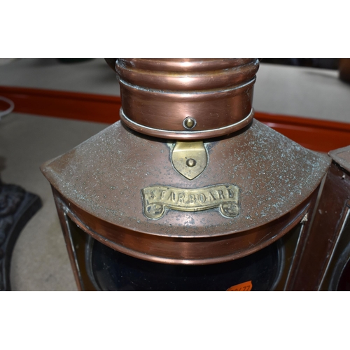 350 - A PAIR OF COPPER DAVEY & CO LTD 'PORT' AND 'STARBOARD' SHIP LANTERNS comprising two lanterns fitted ... 